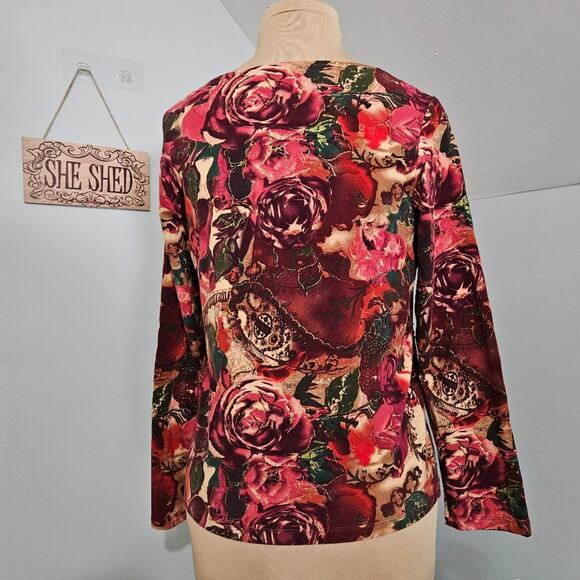 Coldwater Creek Womens Beaded Embellished Rosette Floral Top Red Pink Medium - Picture 3 of 12